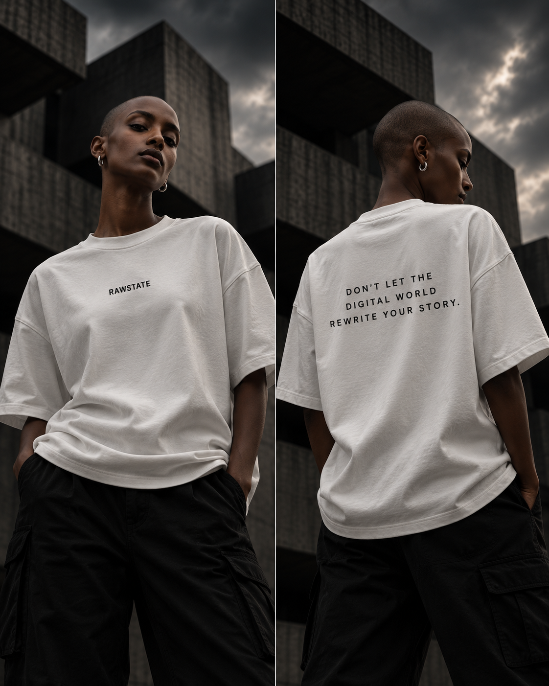 RAWSTATE Digital World oversized T-shirt – editorial modelcampagne, voor- en achteraanzicht