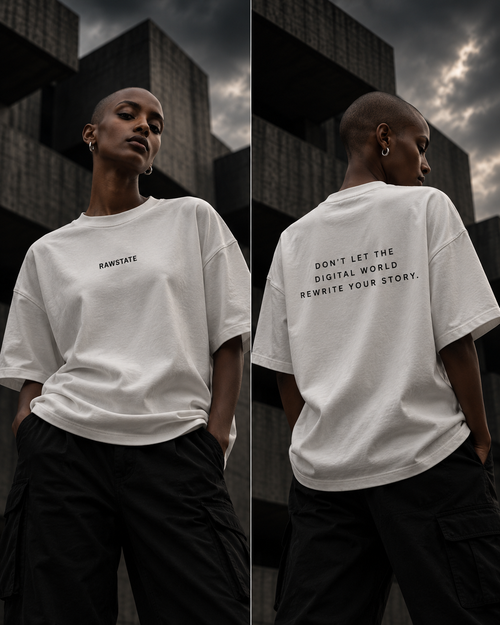 RAWSTATE Digital World oversized T-shirt – editorial modelcampagne, voor- en achteraanzicht
