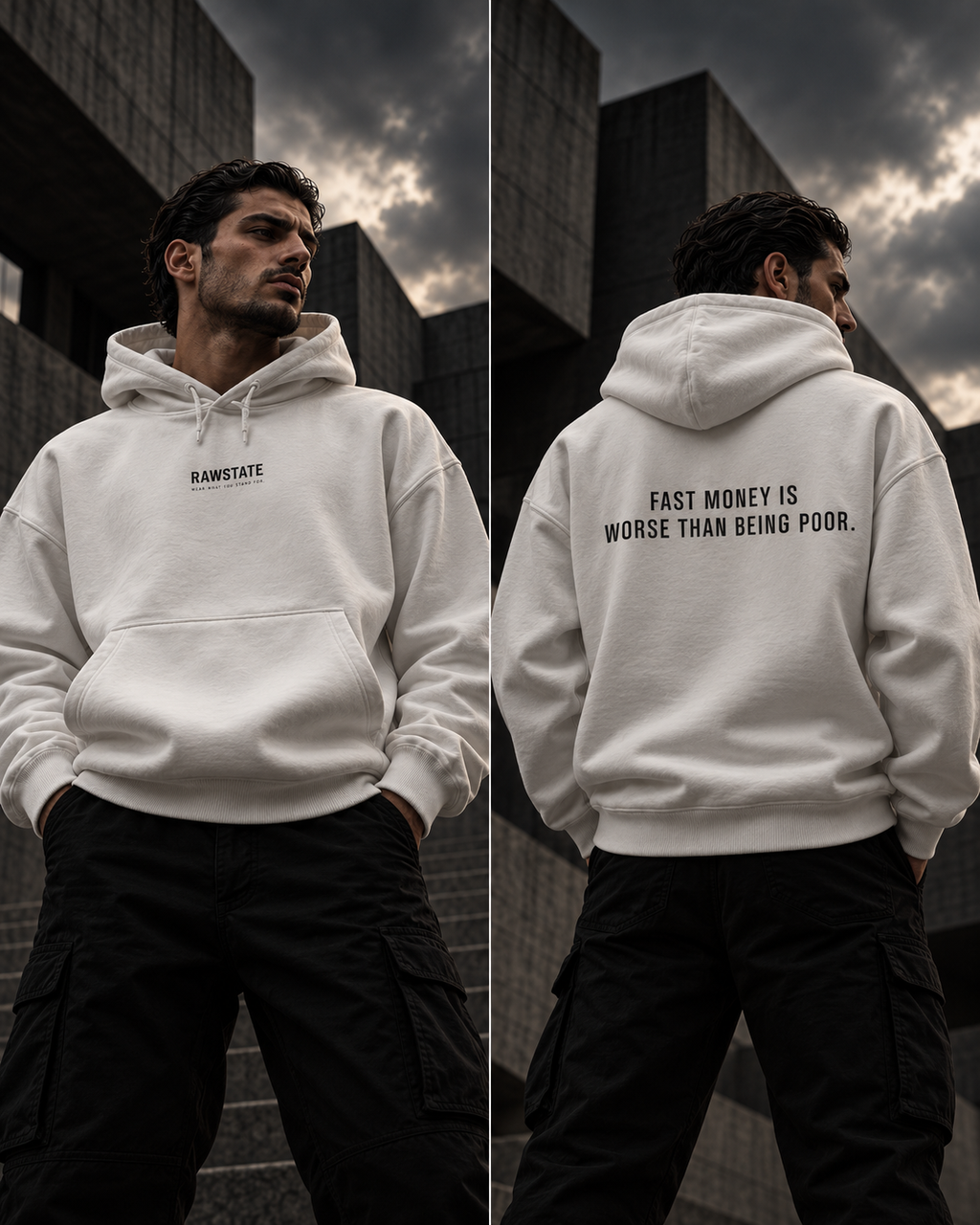 RAWSTATE Fast Money hoodie – donker fashionlookbook met model, voor- en achteraanzicht