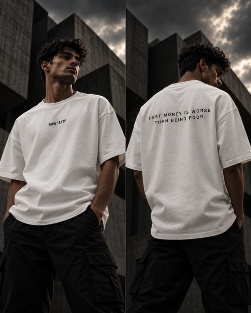 RAWSTATE Fast Money oversized T-shirt – editorial modelcampagne, voor- en achteraanzicht