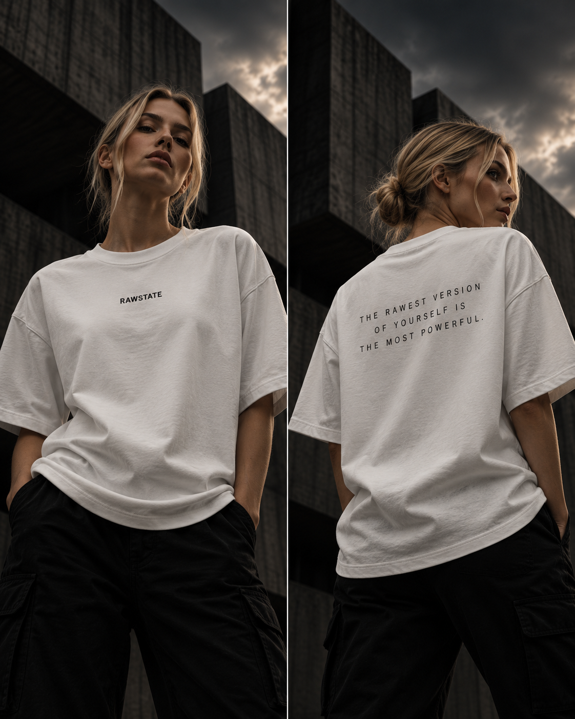 RAWSTATE Rawest Version oversized T-shirt – editorial modelcampagne, voor- en achteraanzicht