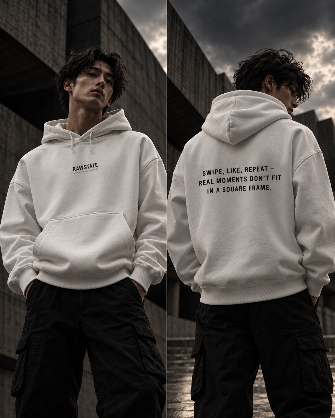 RAWSTATE Swipe Like Repeat hoodie – donker fashionlookbook met model, voor- en achteraanzicht